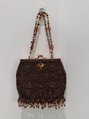 Lord & Taylor Brown Beaded Fringe Evening Clutch Wristlet